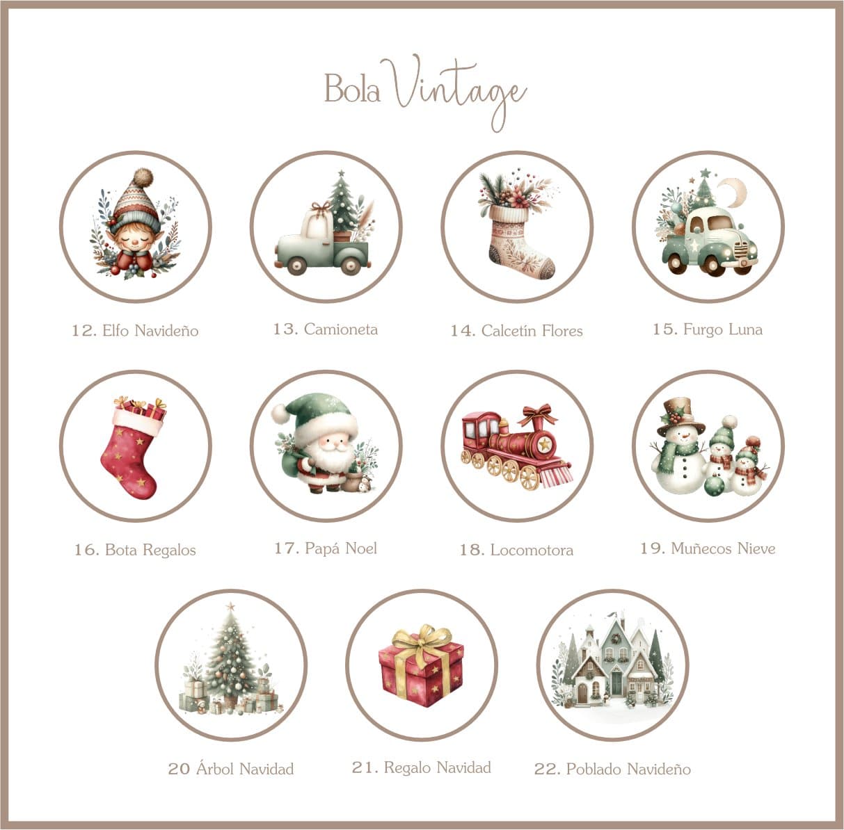 Modelos Bola Vintage personalizada: elfo, Papá Noel, árbol y escena navideña