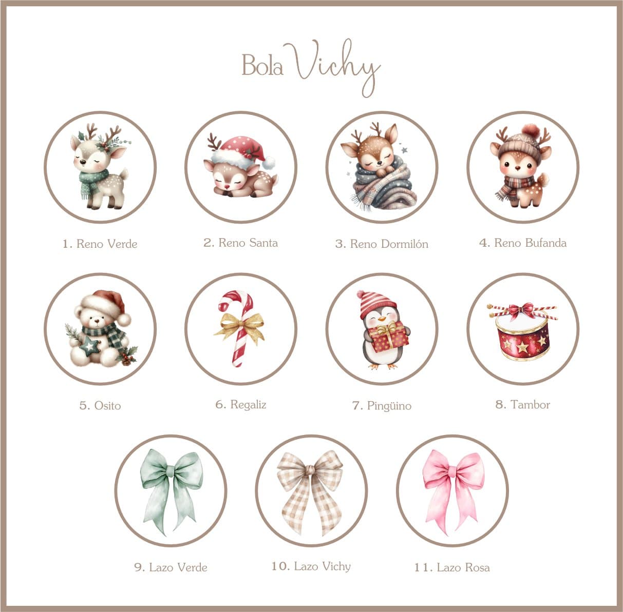 Modelos de ilustración para Bola Vichy: renos, osito, lazos y dulces navideños
