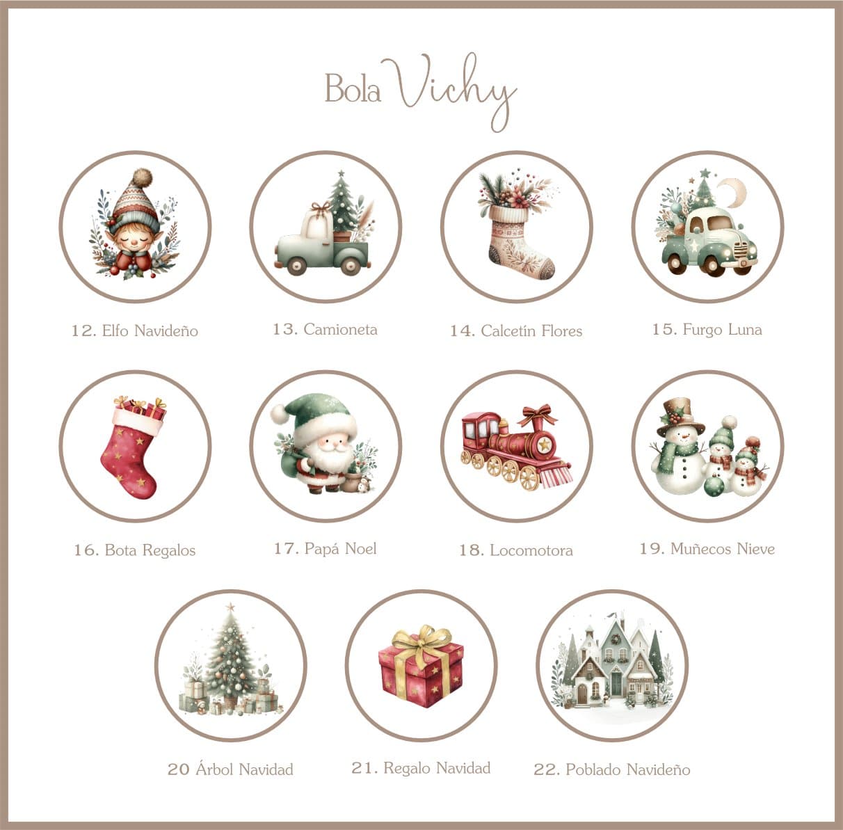 Ilustraciones para Bola Vichy personalizada: Papá Noel, árbol, muñecos de nieve y más